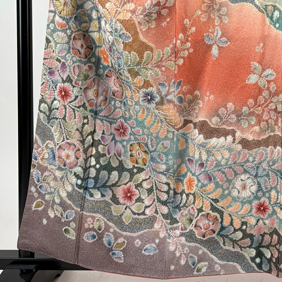 訪問服 身長160.5cm 袖長65cm M 雙層 翠山工房 落款あり 辻花染 金通し 金銀彩 橙色 純蠶絲 逸品級
