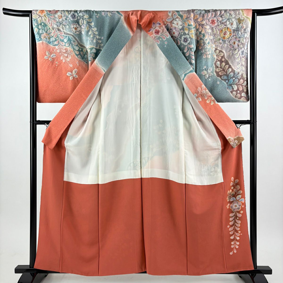 訪問服 身長160.5cm 袖長65cm M 雙層 翠山工房 落款あり 辻花染 金通し 金銀彩 橙色 純蠶絲 逸品級