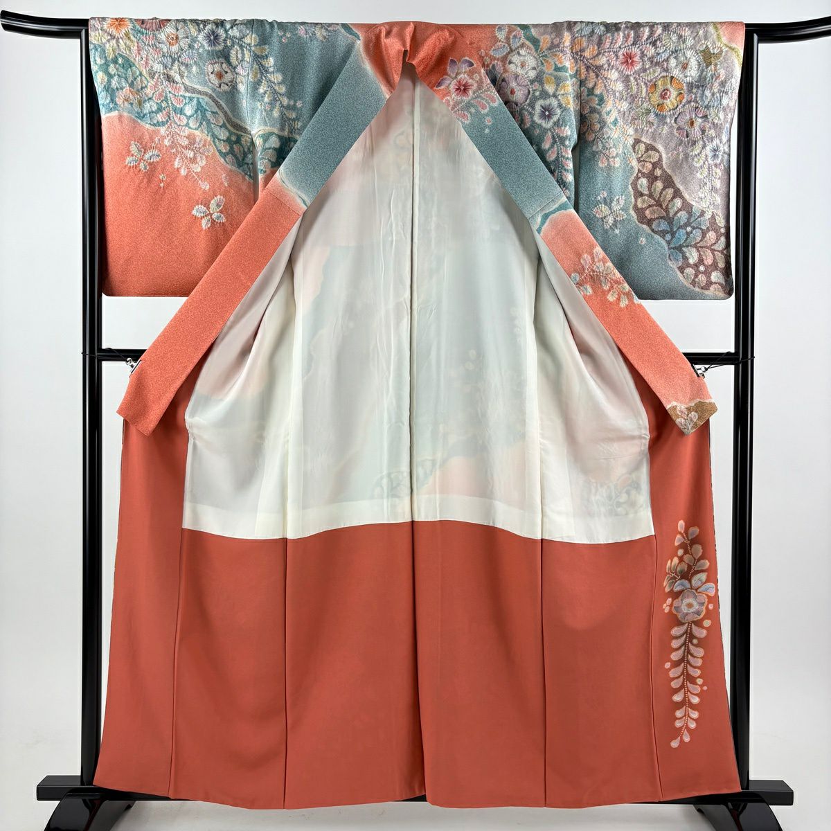 訪問服 身長160.5cm 袖長65cm M 雙層 翠山工房 落款あり 辻花染 金通し 金銀彩 橙色 純蠶絲 逸品級