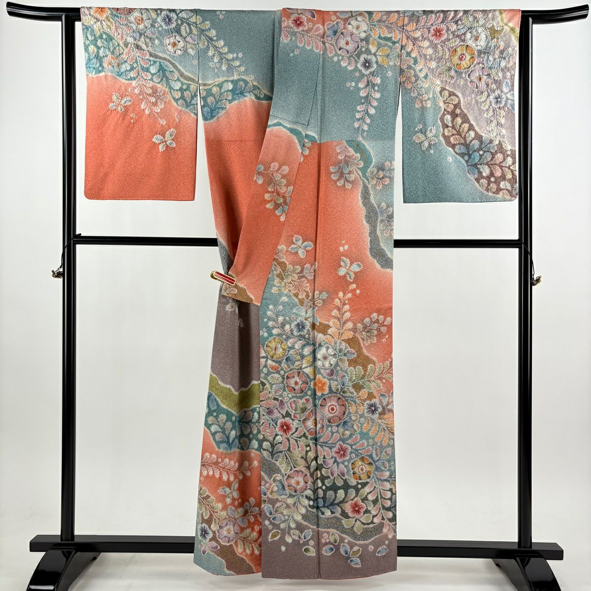 訪問服 身長160.5cm 袖長65cm M 雙層 翠山工房 落款あり 辻花染 金通し 金銀彩 橙色 純蠶絲 逸品級