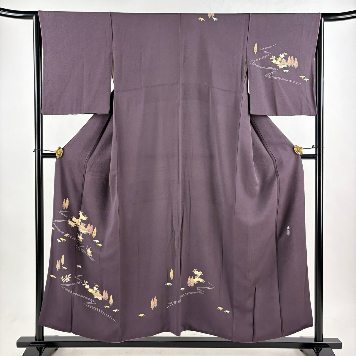 付下 身長154.5cm 袖長64.5cm M 雙層 精染居 上野街子 落款あり 家屋 樹木 紫 純蠶絲 逸品級