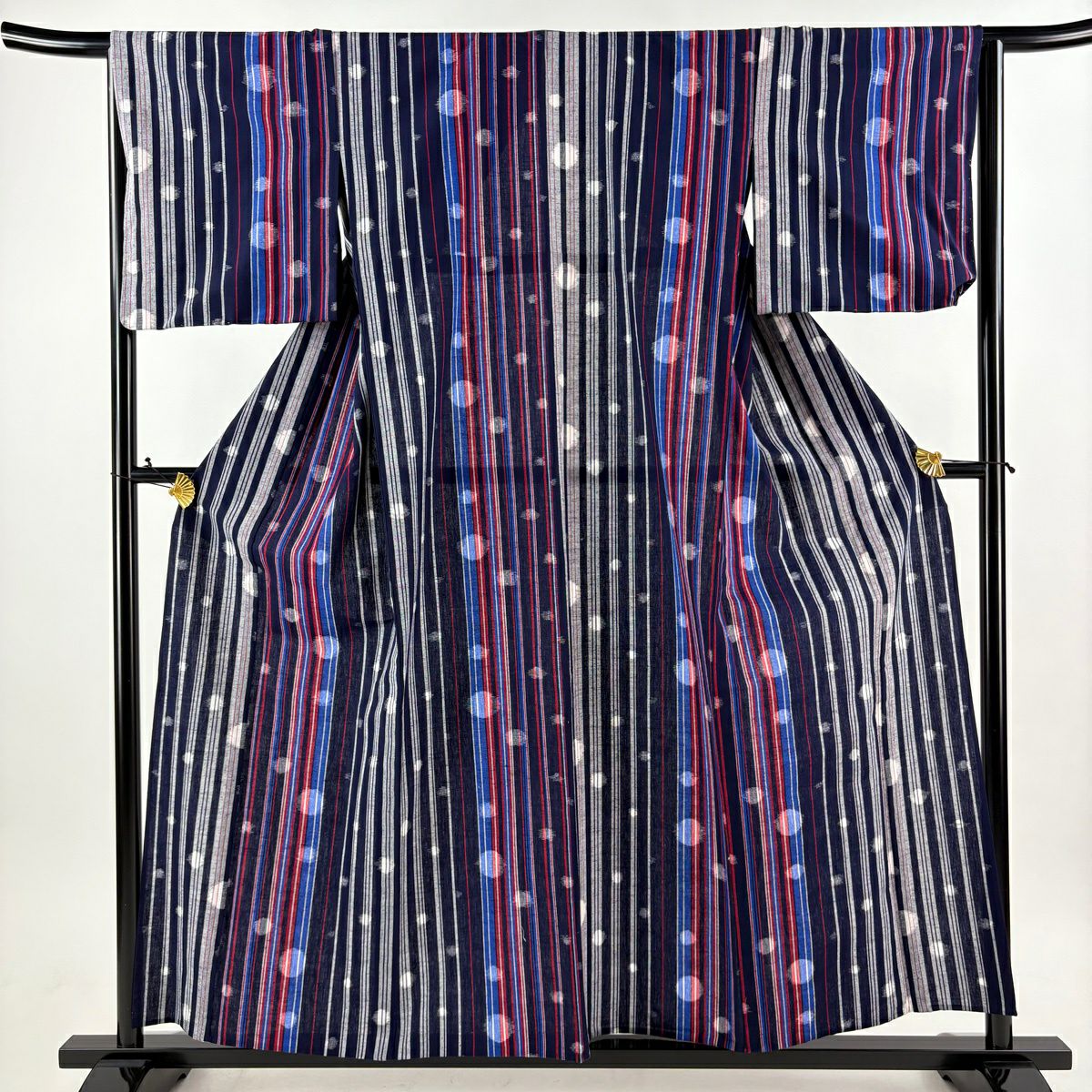 【美品】 紬織 身長157cm 袖長65.5cm M 單層 久留米絣 證明書附 縱條 幾何圖案 深藍 棉 逸品級