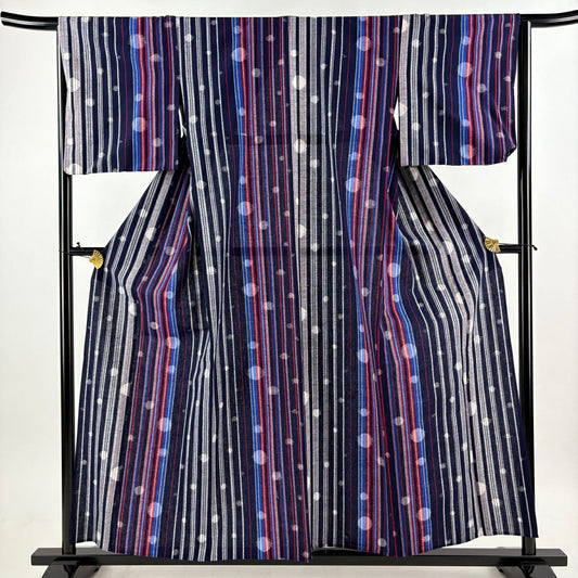 【美品】 紬織 身長157cm 袖長65.5cm M 單層 久留米絣 證明書附 縱條 幾何圖案 深藍 棉 逸品級