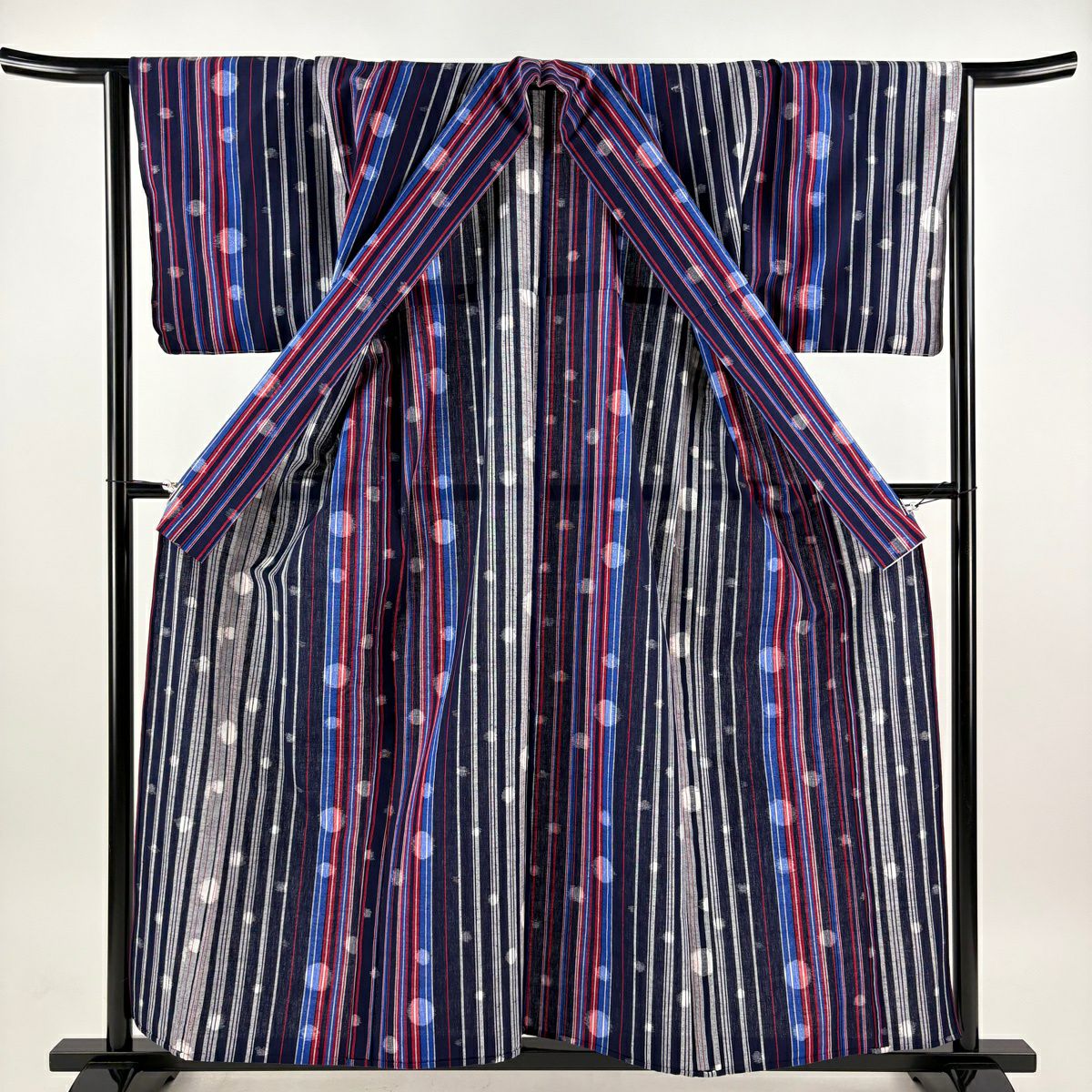 【美品】 紬織 身長157cm 袖長65.5cm M 單層 久留米絣 證明書附 縱條 幾何圖案 深藍 棉 逸品級