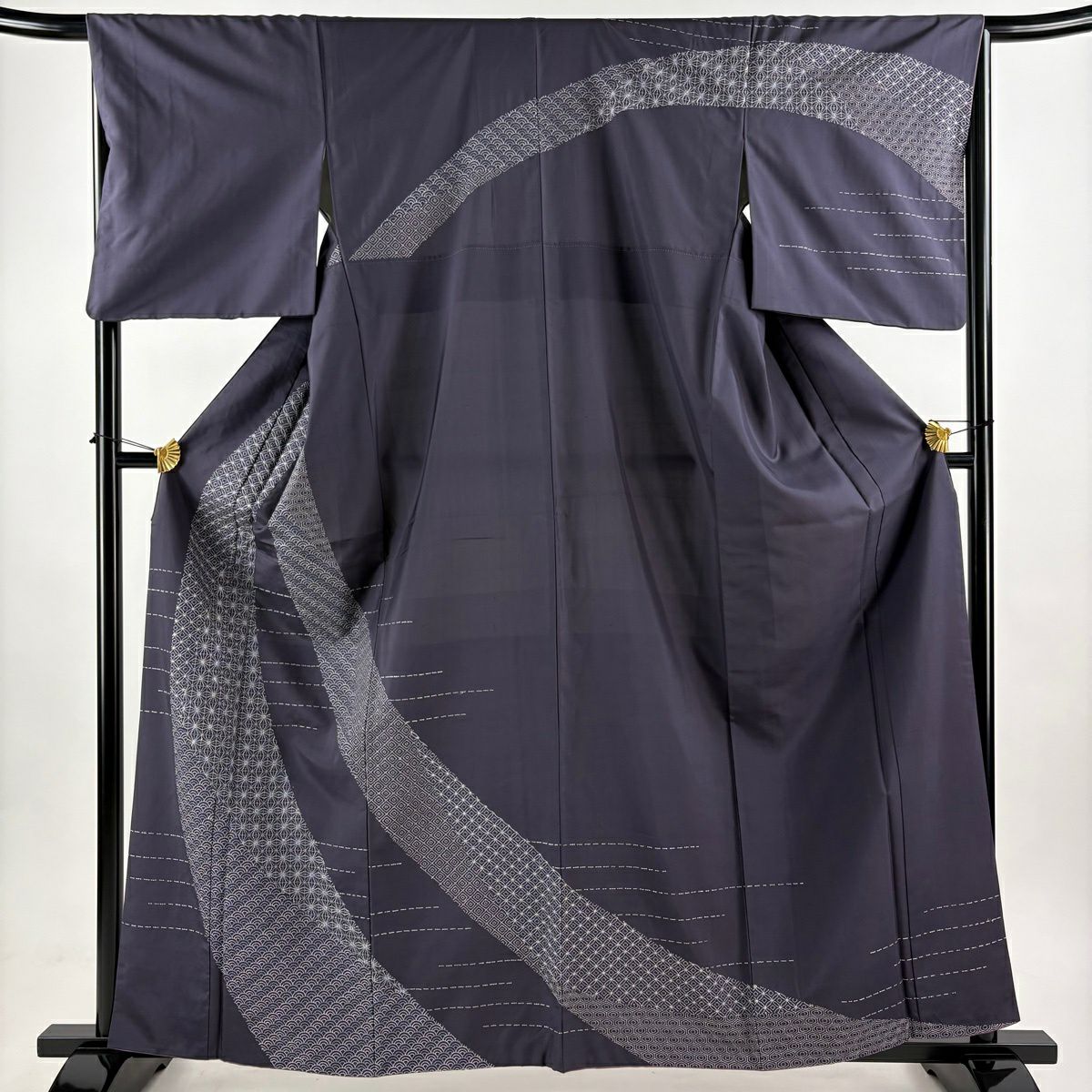 訪問服 身長161.5cm 袖長66.5cm M 雙層 紬織織 麻葉紋 青海波 刺繡 濃紫 純蠶絲 逸品級