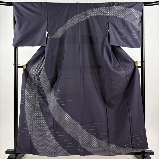 訪問服 身長161.5cm 袖長66.5cm M 雙層 紬織織 麻葉紋 青海波 刺繡 濃紫 純蠶絲 逸品級