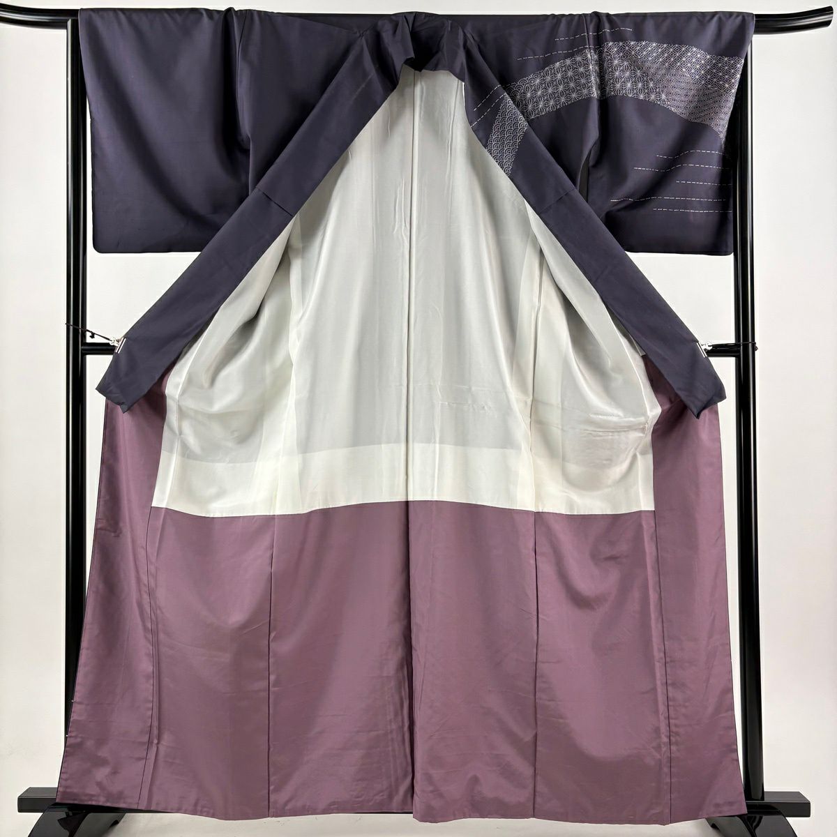 訪問服 身長161.5cm 袖長66.5cm M 雙層 紬織織 麻葉紋 青海波 刺繡 濃紫 純蠶絲 逸品級