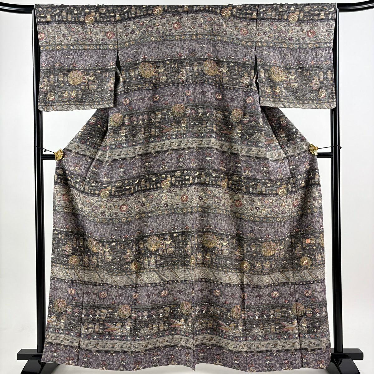 【美品】訪問服 身長162.5cm 袖長66.5cm M 雙層 落款あり コプト花紋 器物 刺繡 金線 灰紫 純蠶絲 逸品級