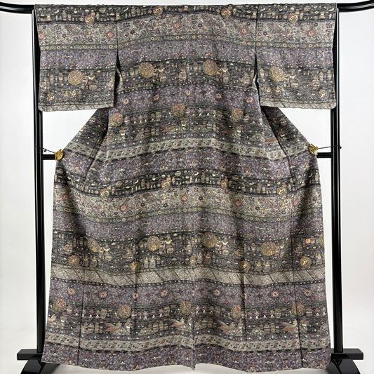【美品】訪問服 身長162.5cm 袖長66.5cm M 雙層 落款あり コプト花紋 器物 刺繡 金線 灰紫 純蠶絲 逸品級