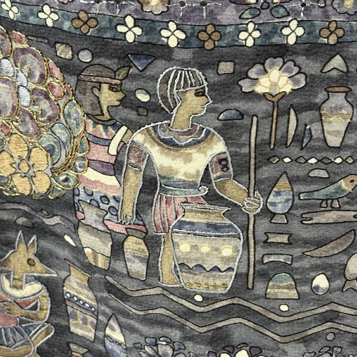 【美品】訪問服 身長162.5cm 袖長66.5cm M 雙層 落款あり コプト花紋 器物 刺繡 金線 灰紫 純蠶絲 逸品級