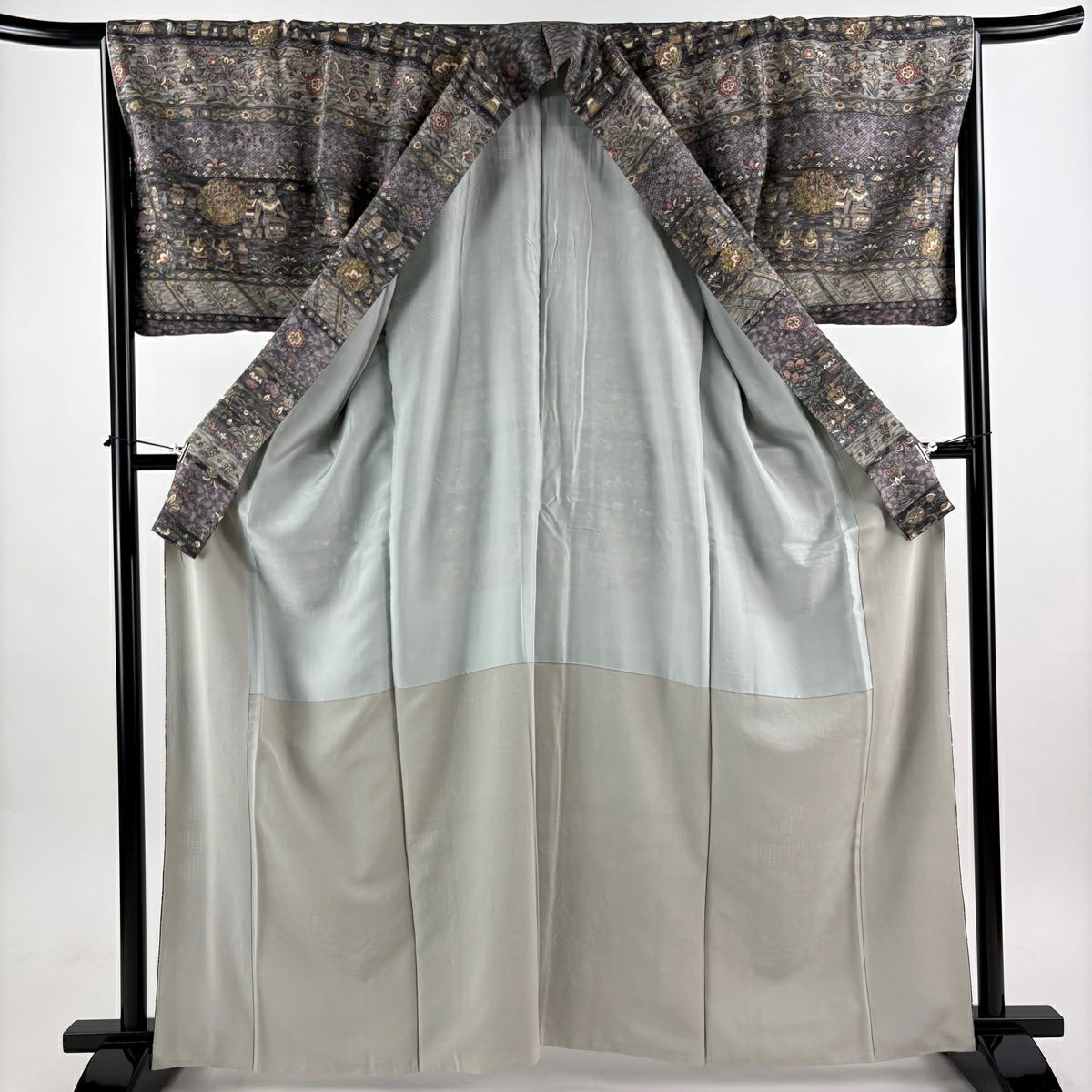 【美品】訪問服 身長162.5cm 袖長66.5cm M 雙層 落款あり コプト花紋 器物 刺繡 金線 灰紫 純蠶絲 逸品級