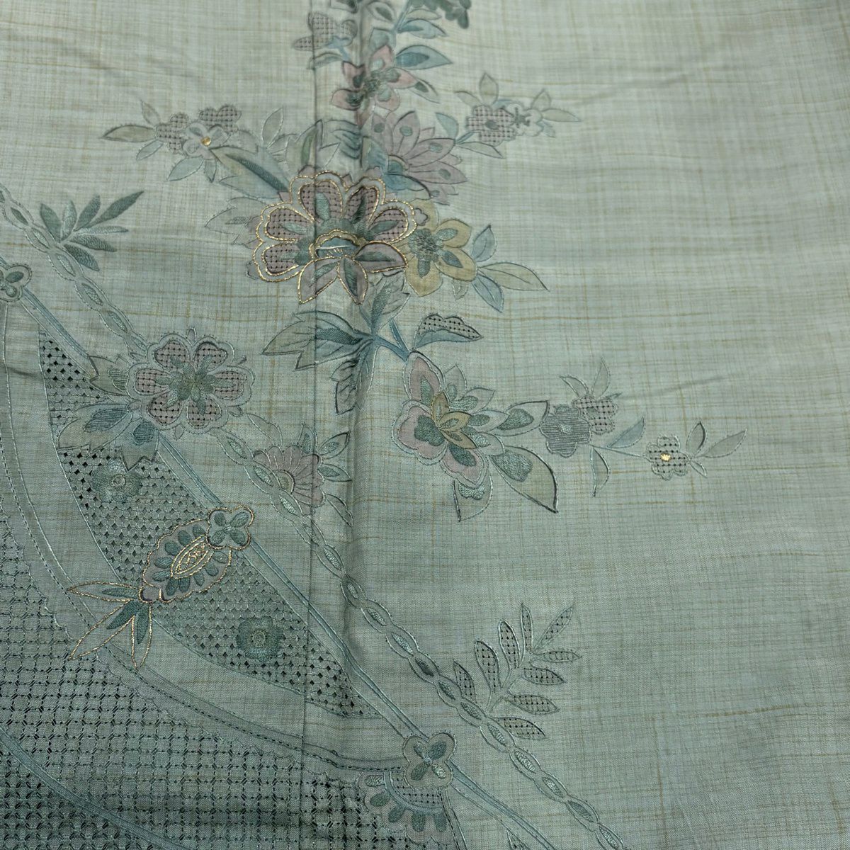 訪問服 身長151cm 袖長63.5cm S 雙層 紬織織 草花紋紋 幾何學圖案 刺繡 金線 灰綠 純蠶絲 名品級