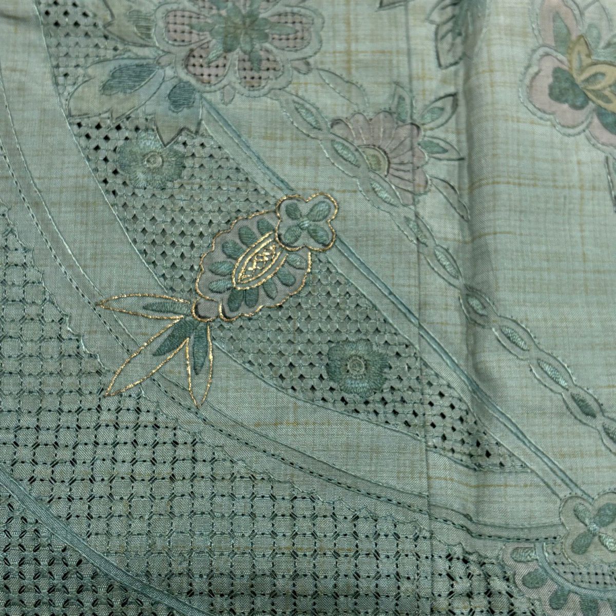 訪問服 身長151cm 袖長63.5cm S 雙層 紬織織 草花紋紋 幾何學圖案 刺繡 金線 灰綠 純蠶絲 名品級