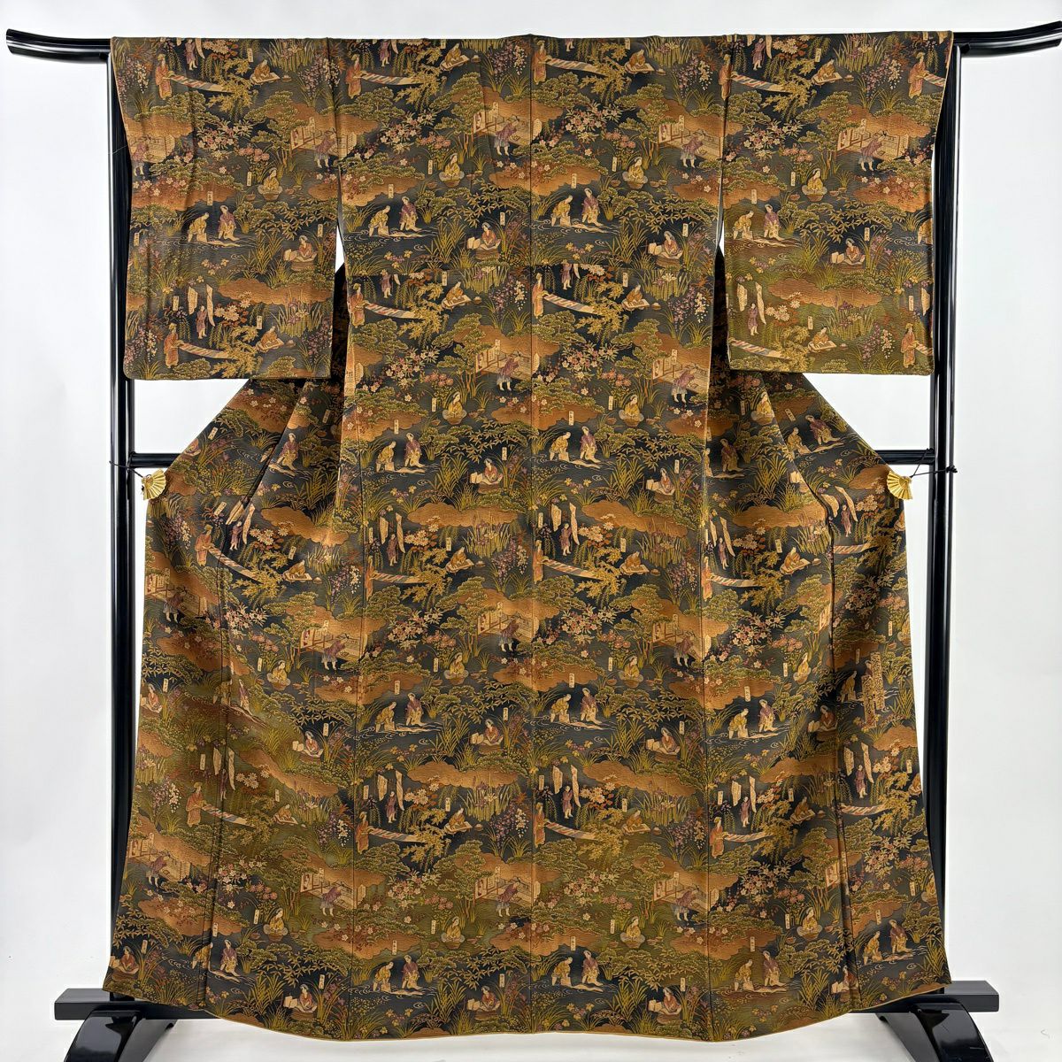 【美品】訪問服 身長162cm 袖長65cm M 雙層 樽本伊勢蔵 落款あり 人物 草花紋紋 漸層 茶 純蠶絲 名品級