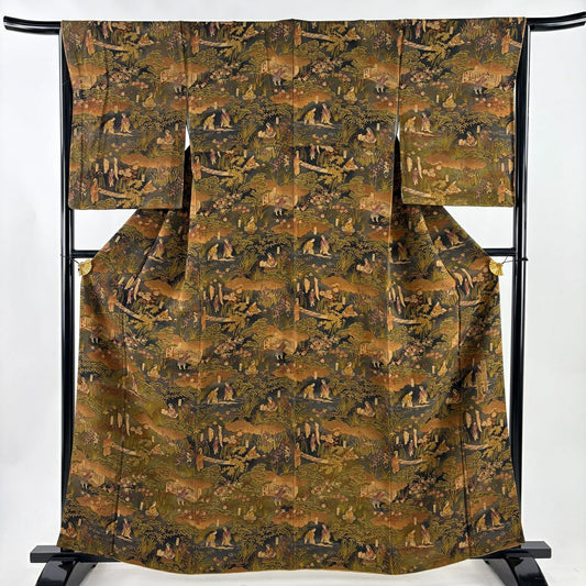 【美品】訪問服 身長162cm 袖長65cm M 雙層 樽本伊勢蔵 落款あり 人物 草花紋紋 漸層 茶 純蠶絲 名品級