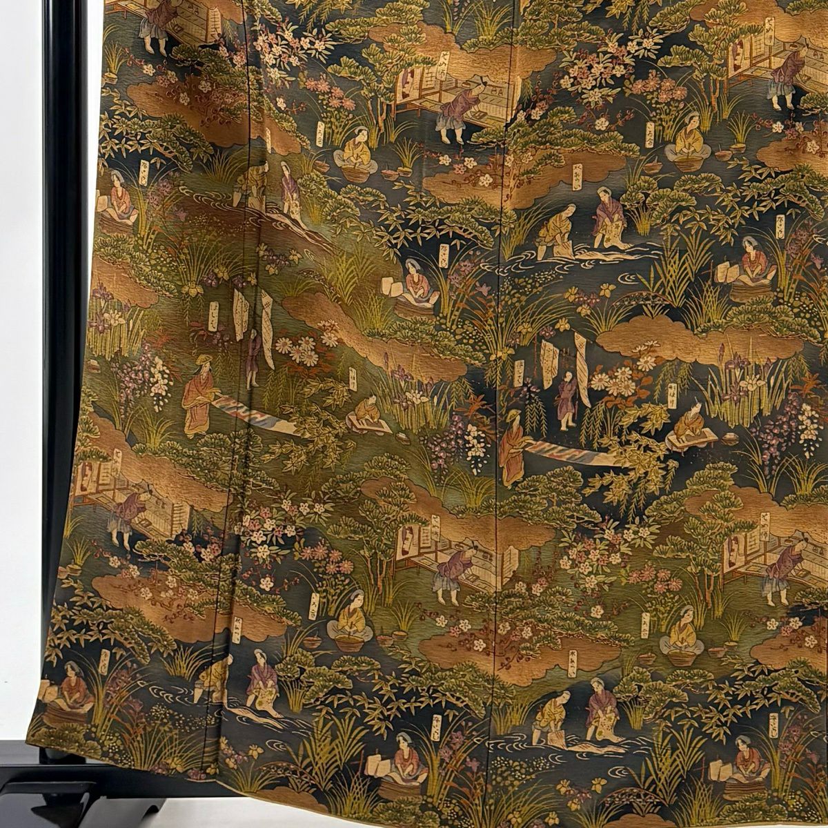 【美品】訪問服 身長162cm 袖長65cm M 雙層 樽本伊勢蔵 落款あり 人物 草花紋紋 漸層 茶 純蠶絲 名品級