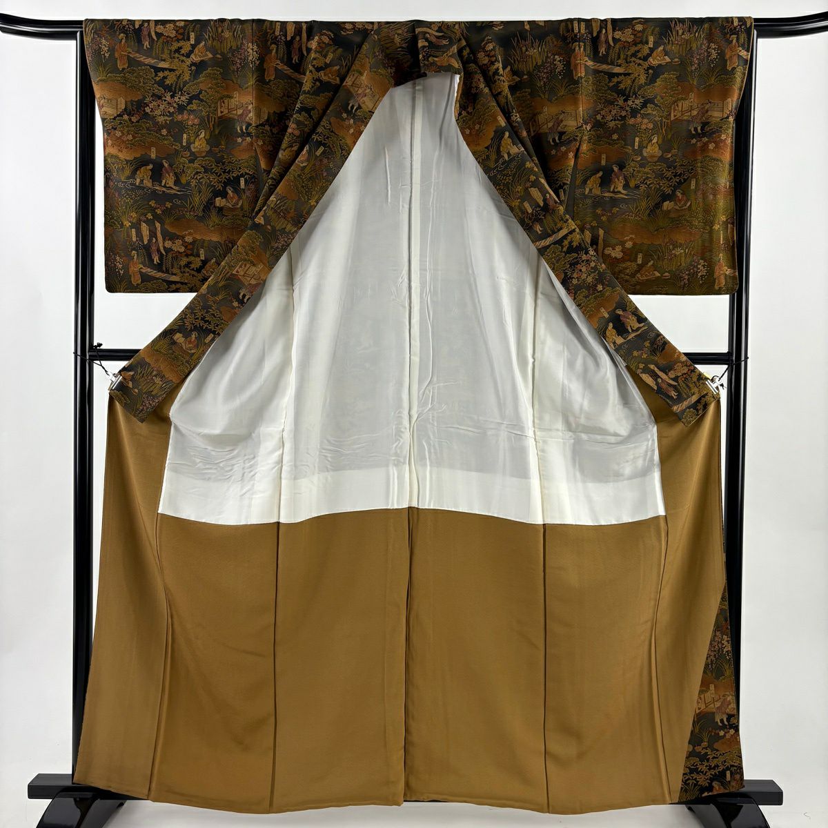 【美品】訪問服 身長162cm 袖長65cm M 雙層 樽本伊勢蔵 落款あり 人物 草花紋紋 漸層 茶 純蠶絲 名品級