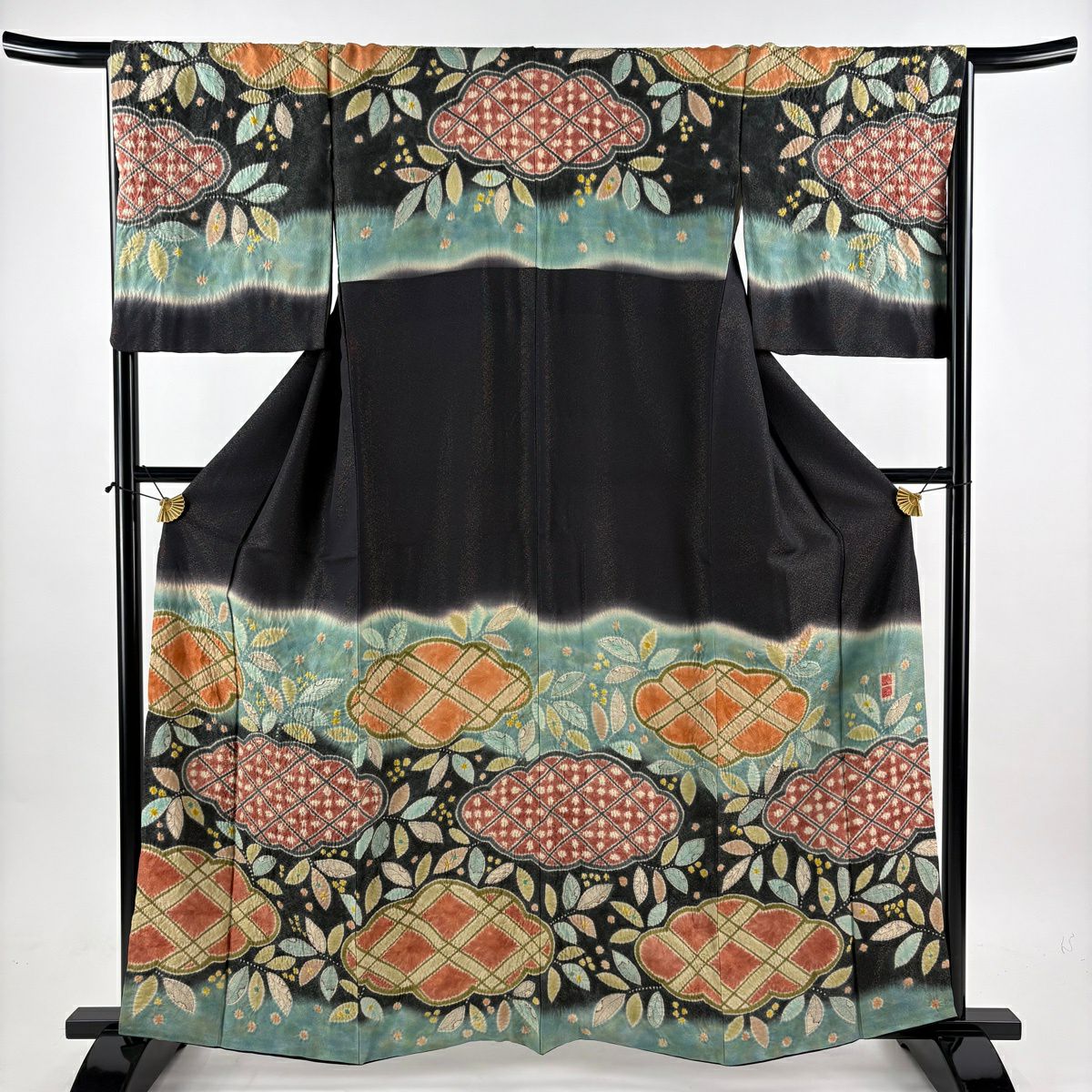 【美品】訪問服 身長161.5cm 袖長66.5cm M 雙層 落款あり 雲文 葉柄 金通し 絞染 墨色 純蠶絲 名品級