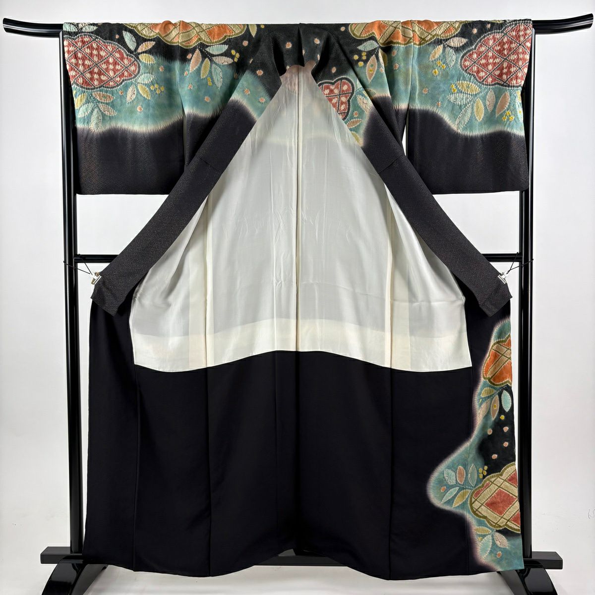 【美品】訪問服 身長161.5cm 袖長66.5cm M 雙層 落款あり 雲文 葉柄 金通し 絞染 墨色 純蠶絲 名品級
