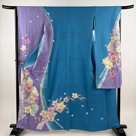 振袖禮服 身長162cm 袖長65.5cm M 雙層 櫻花 色紙 銀通 金金箔 水藍 純蠶絲 名品級