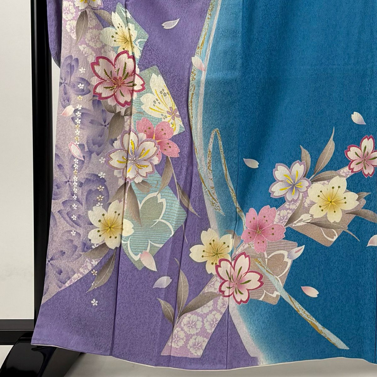 振袖禮服 身長162cm 袖長65.5cm M 雙層 櫻花 色紙 銀通 金金箔 水藍 純蠶絲 名品級