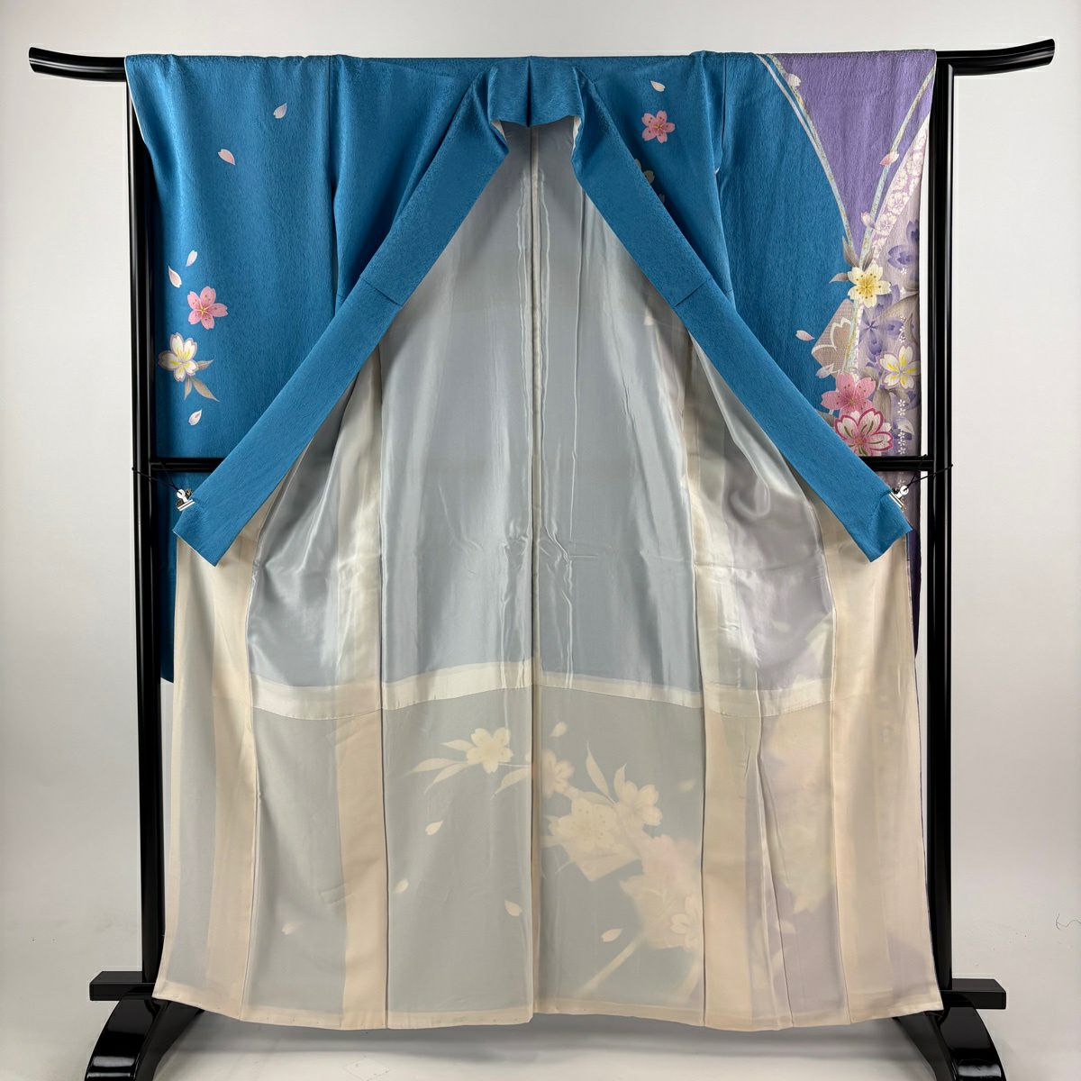 振袖禮服 身長162cm 袖長65.5cm M 雙層 櫻花 色紙 銀通 金金箔 水藍 純蠶絲 名品級