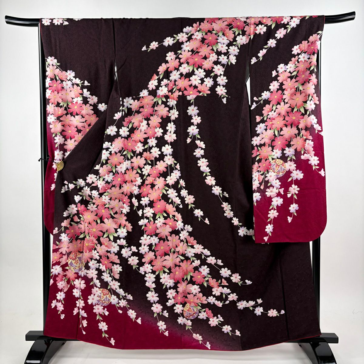 【美品】振袖禮服 身長161.5cm 袖長66cm M 雙層 大和 枝花 手毬 金絲 金銀彩 焦茶 純蠶絲 名品級