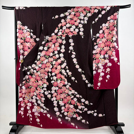【美品】振袖禮服 身長161.5cm 袖長66cm M 雙層 大和 枝花 手毬 金絲 金銀彩 焦茶 純蠶絲 名品級