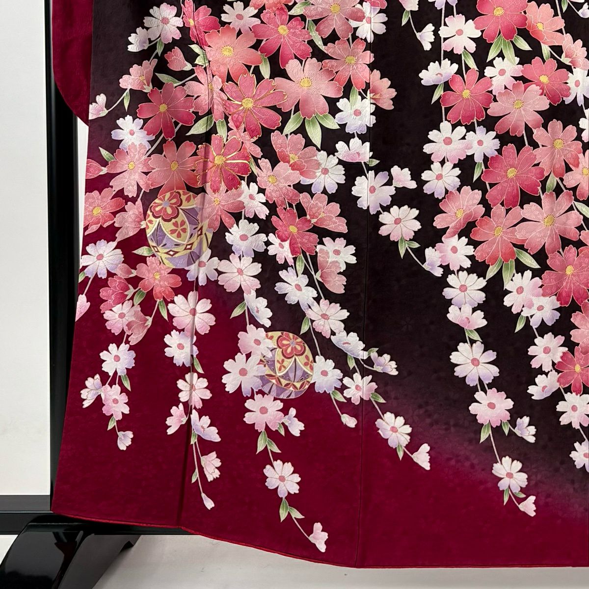 【美品】振袖禮服 身長161.5cm 袖長66cm M 雙層 大和 枝花 手毬 金絲 金銀彩 焦茶 純蠶絲 名品級