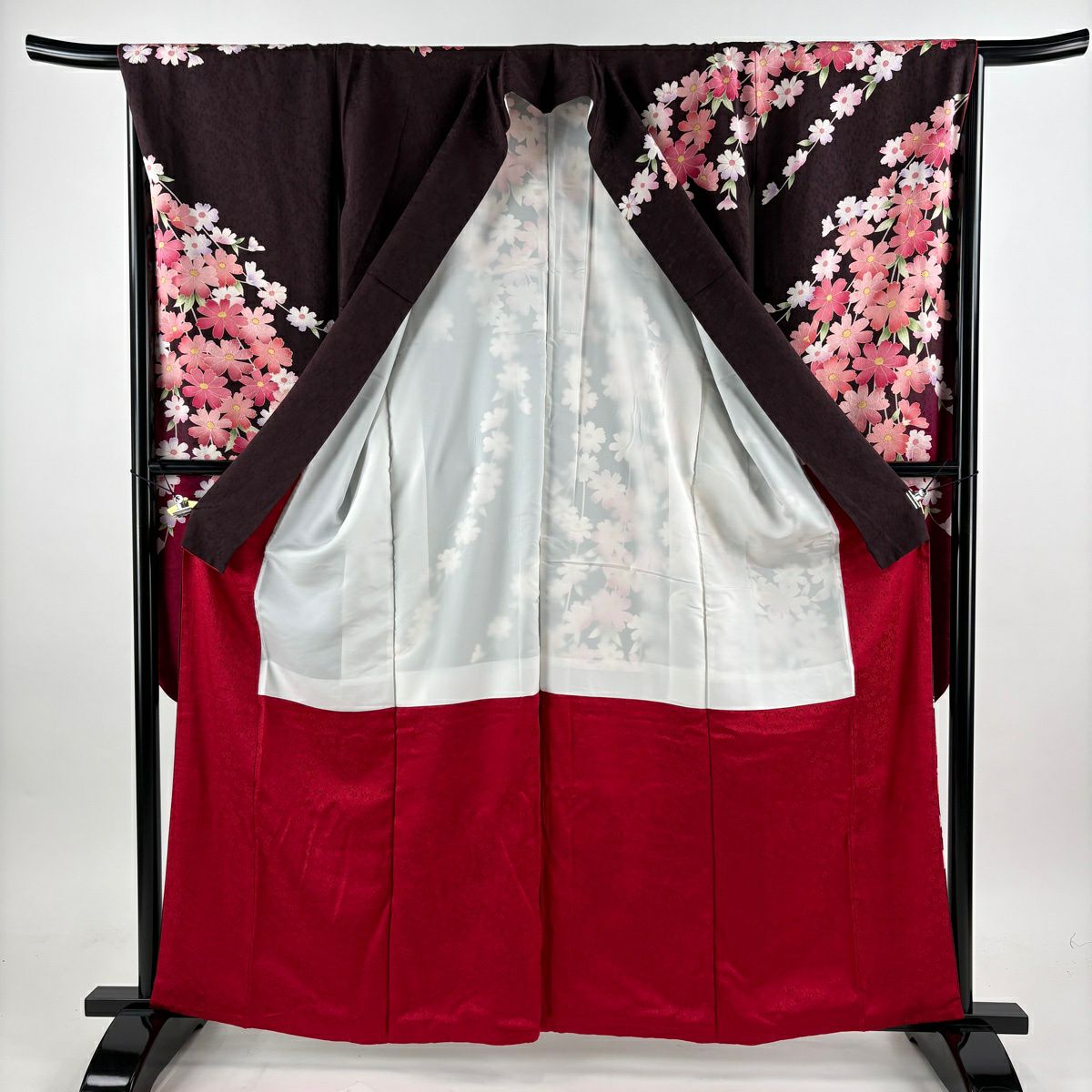 【美品】振袖禮服 身長161.5cm 袖長66cm M 雙層 大和 枝花 手毬 金絲 金銀彩 焦茶 純蠶絲 名品級