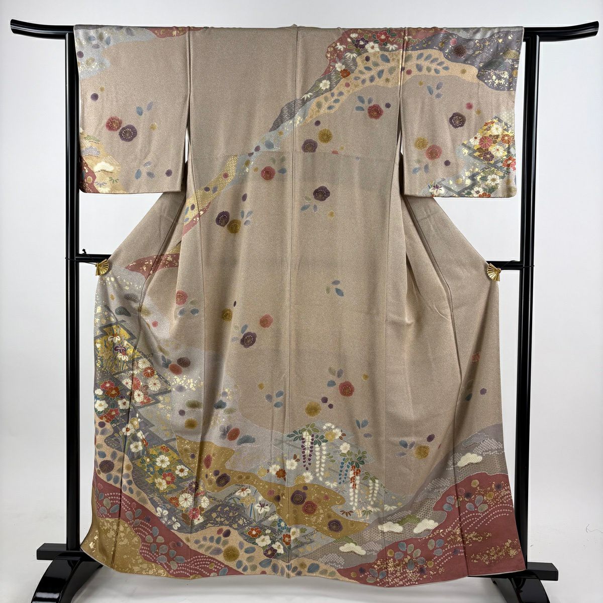 訪問服 身長161.5cm 袖長63cm S 雙層 落款あり 草花紋紋 松樹皮菱 金銀彩 淺茶 純蠶絲 名品級