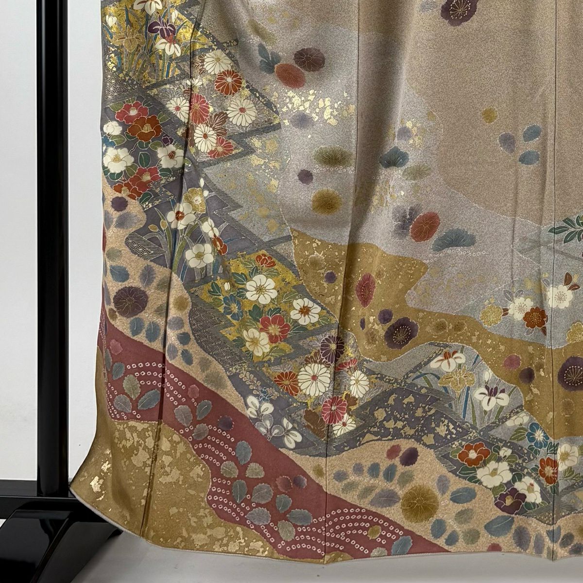 訪問服 身長161.5cm 袖長63cm S 雙層 落款あり 草花紋紋 松樹皮菱 金銀彩 淺茶 純蠶絲 名品級