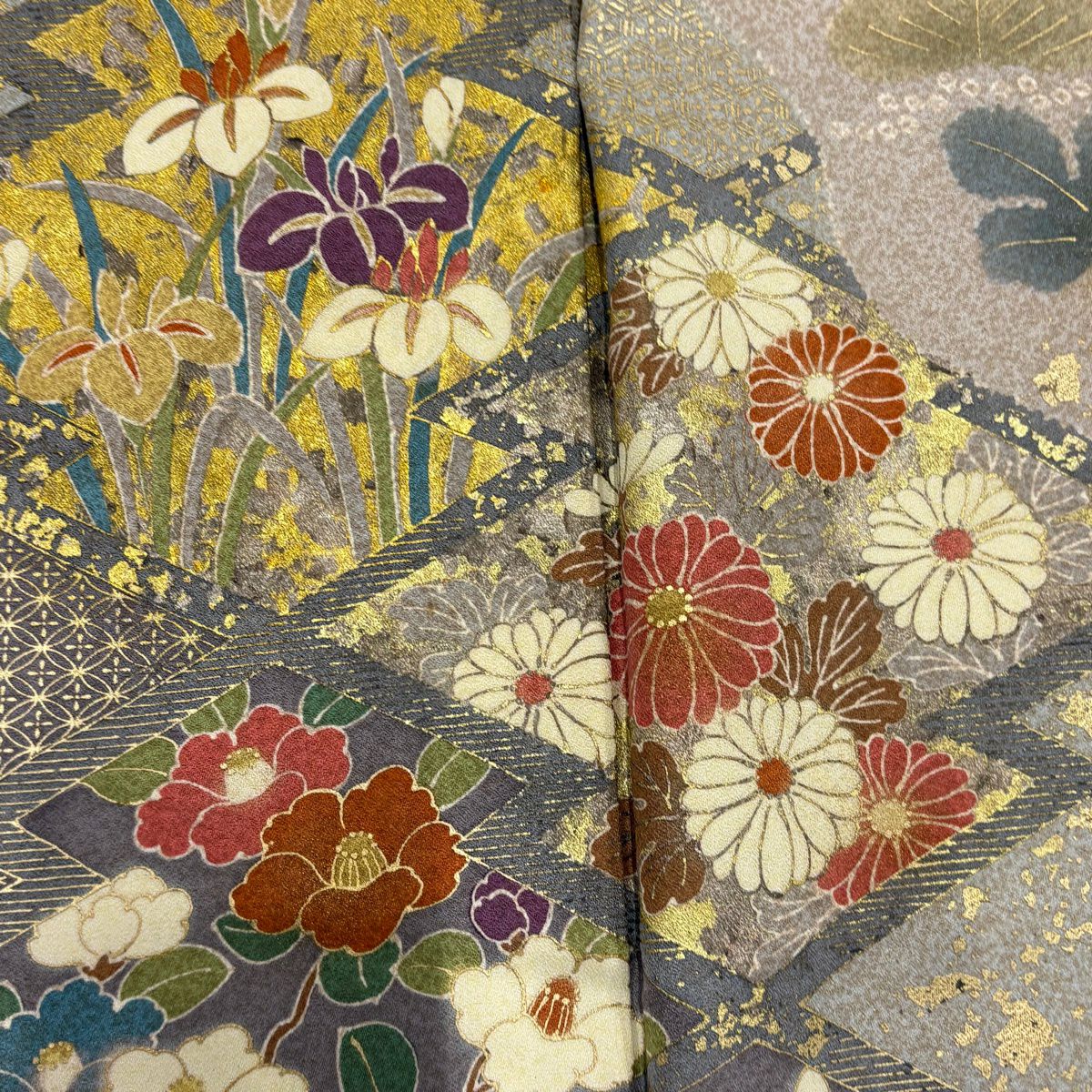訪問服 身長161.5cm 袖長63cm S 雙層 落款あり 草花紋紋 松樹皮菱 金銀彩 淺茶 純蠶絲 名品級