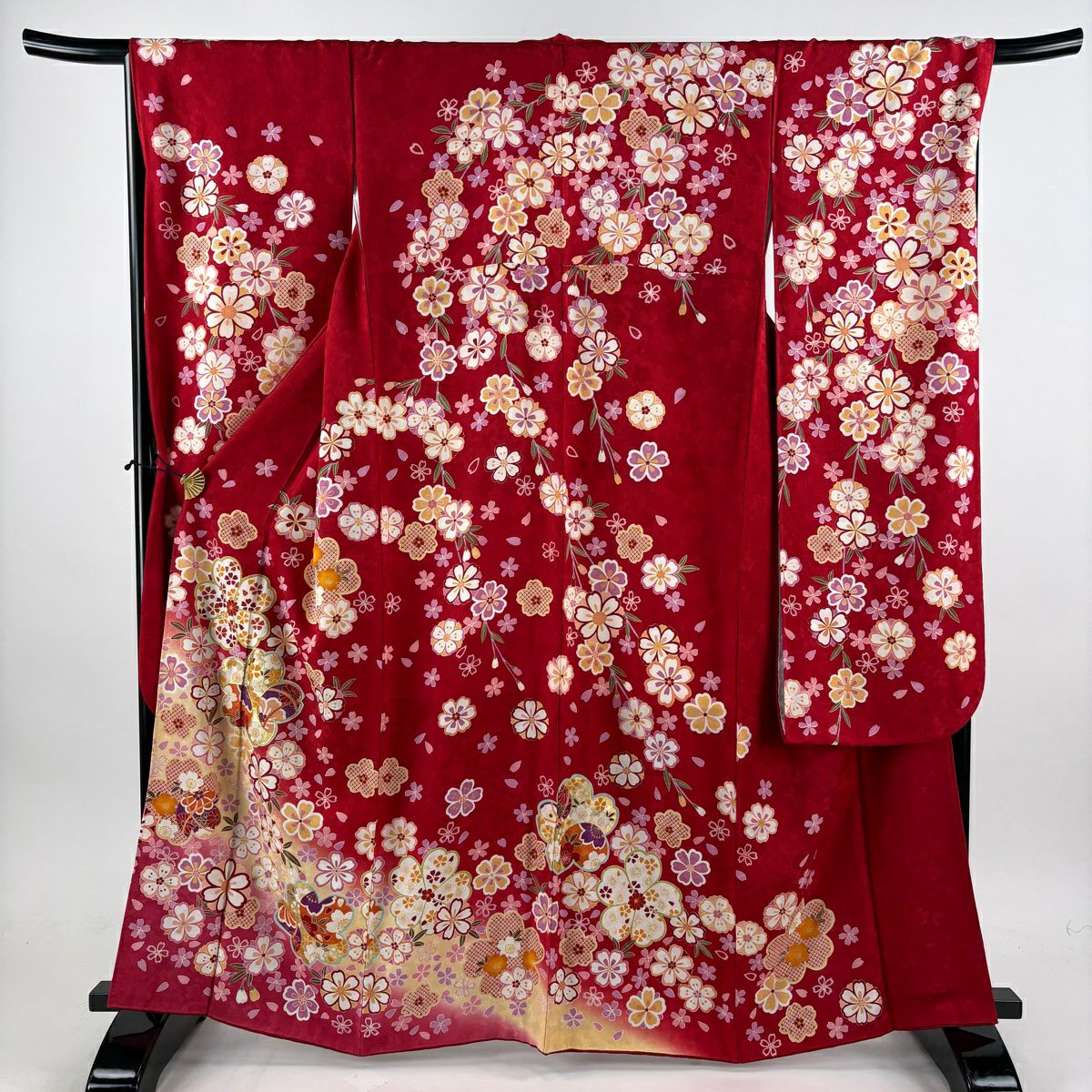 【美品】振袖禮服 身長163cm 袖長67.5cm L 雙層櫻花瓣金絲金銀彩紅純蠶絲名品級