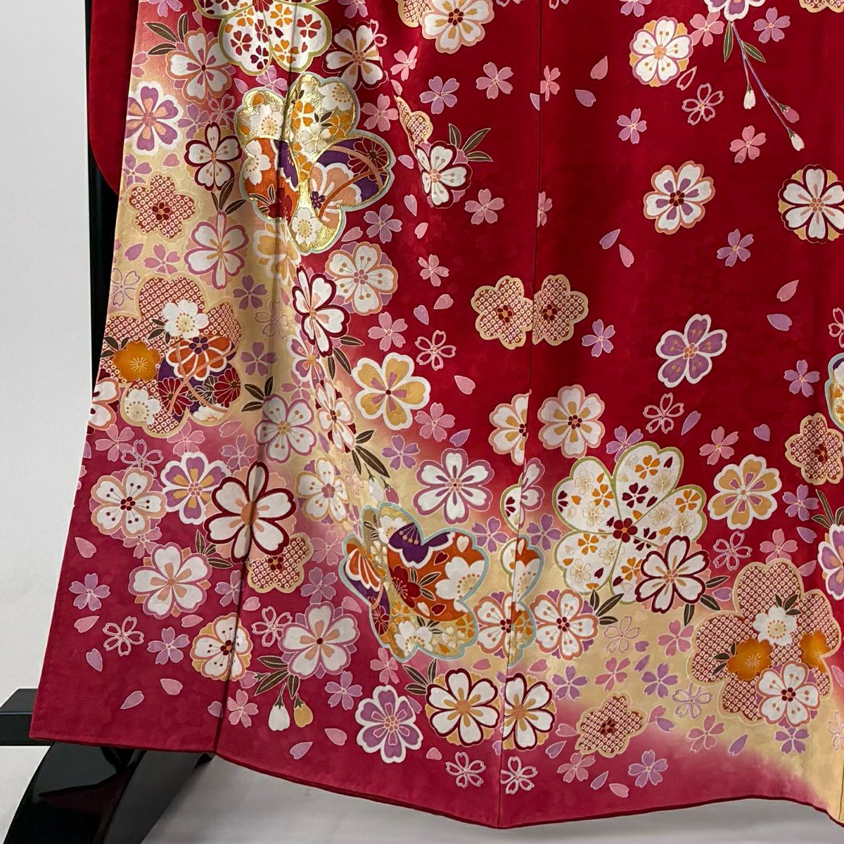 【美品】振袖禮服 身長163cm 袖長67.5cm L 雙層櫻花瓣金絲金銀彩紅純蠶絲名品級