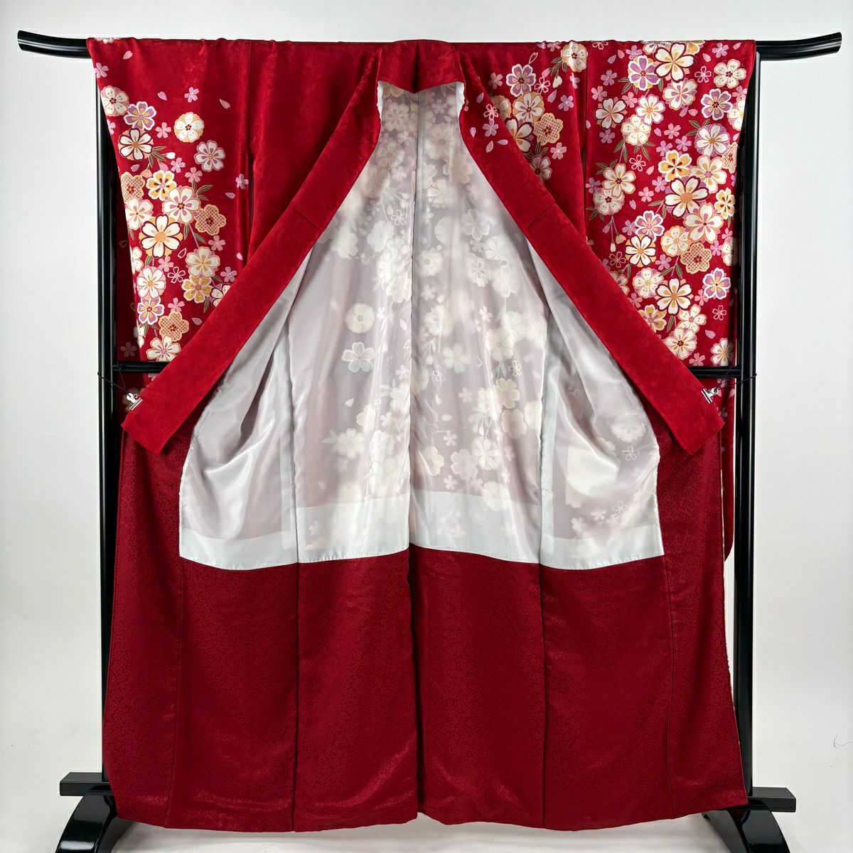 【美品】振袖禮服 身長163cm 袖長67.5cm L 雙層櫻花瓣金絲金銀彩紅純蠶絲名品級