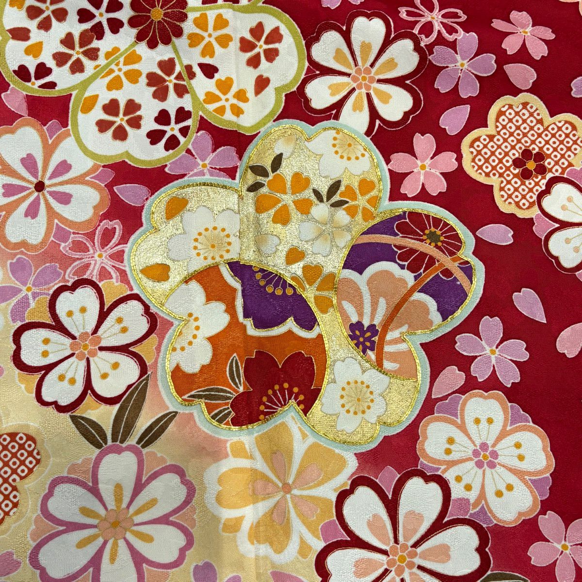 【美品】振袖禮服 身長163cm 袖長67.5cm L 雙層櫻花瓣金絲金銀彩紅純蠶絲名品級