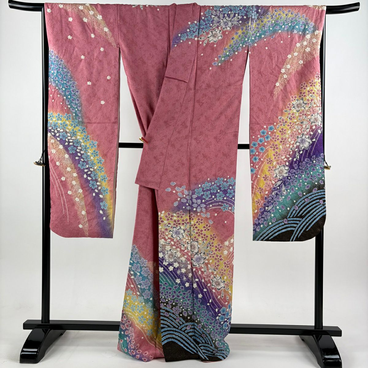 振袖禮服 身長167cm 袖長67cm M 雙層櫻 流水 金通 絞染 粉紅 純蠶絲 逸品級