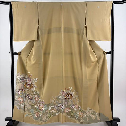 留袖禮服禮服 身長159cm 袖長63cm S 雙層 千總 落款あり 草花紋紋 刺繡 金糸 淡黃土 純蠶絲 逸品級 三つ紋