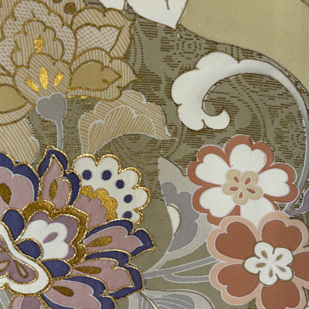 留袖禮服禮服 身長159cm 袖長63cm S 雙層 千總 落款あり 草花紋紋 刺繡 金糸 淡黃土 純蠶絲 逸品級 三つ紋