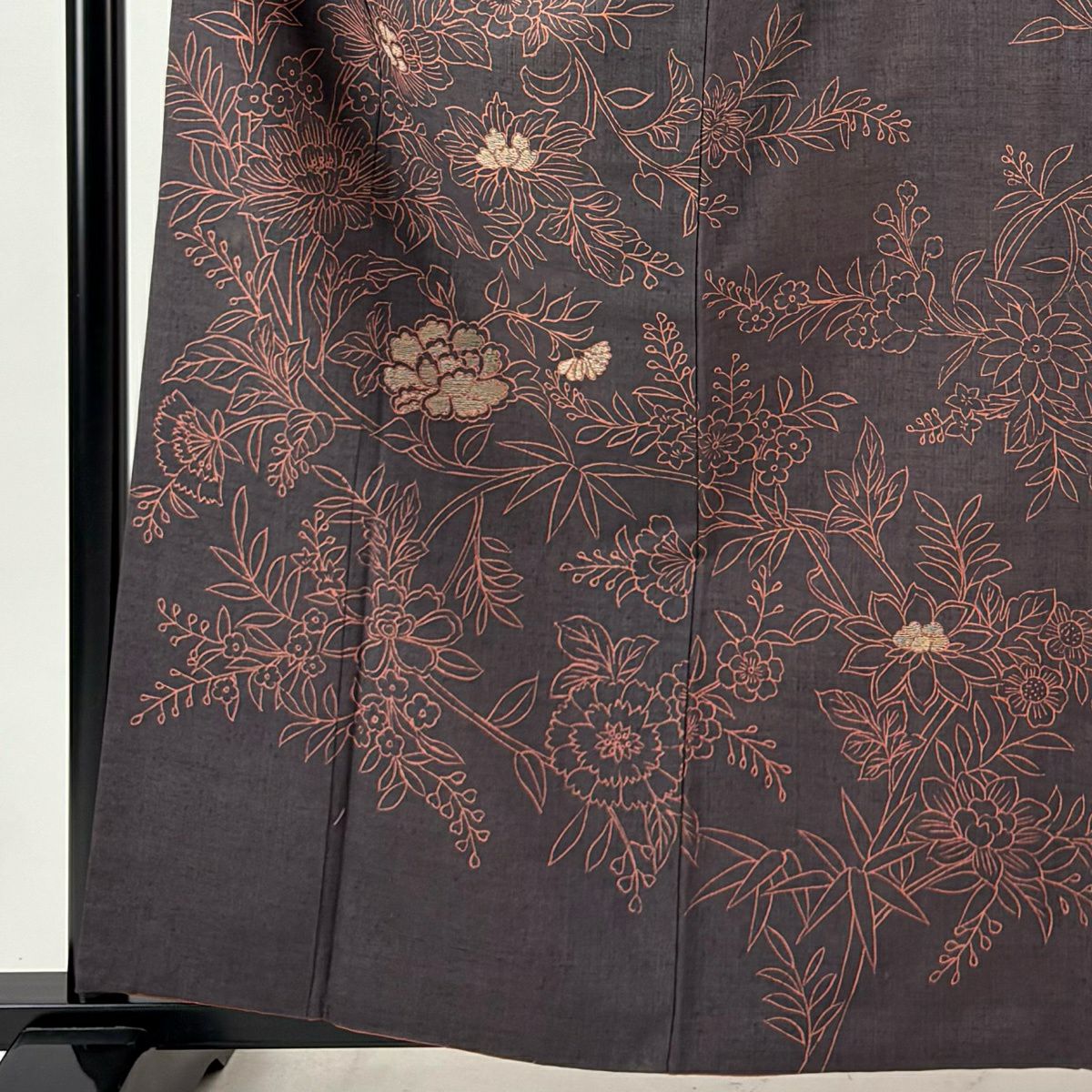 訪問服 身長160.5cm 袖長64cm M 雙層 結城紬織地 證書あり 牡丹 草花紋紋 茶紫 純蠶絲 逸品級