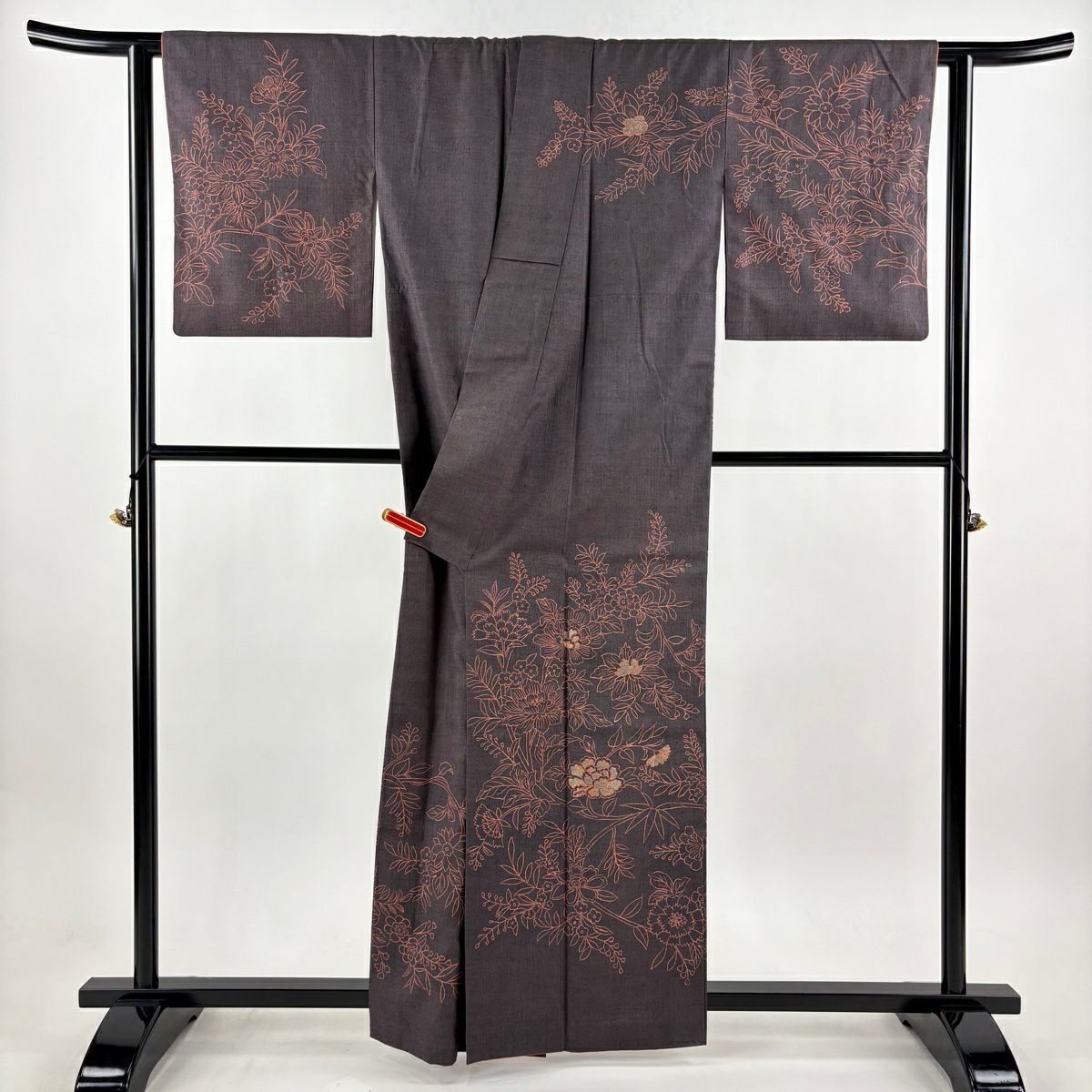 訪問服 身長160.5cm 袖長64cm M 雙層 結城紬織地 證書あり 牡丹 草花紋紋 茶紫 純蠶絲 逸品級