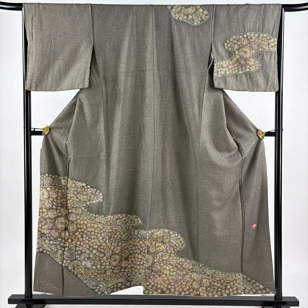 【美品】訪問服 身長154cm 袖長65.5cm M 雙層 樋熊哲也 落款あり 辻花染 流水 金通 灰綠 純蠶絲 逸品級