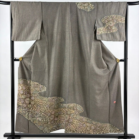 【美品】訪問服 身長154cm 袖長65.5cm M 雙層 樋熊哲也 落款あり 辻花染 流水 金通 灰綠 純蠶絲 逸品級