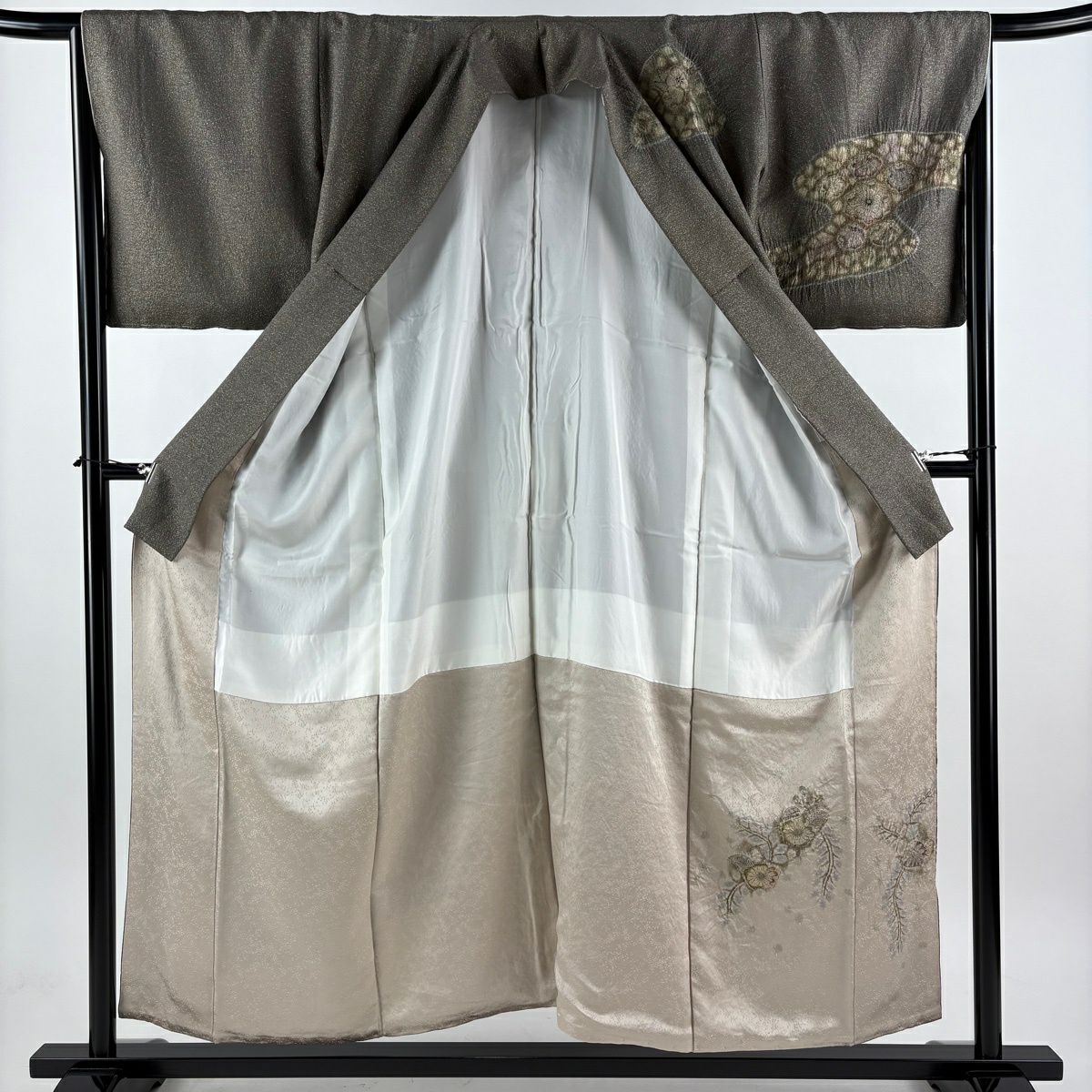 【美品】訪問服 身長154cm 袖長65.5cm M 雙層 樋熊哲也 落款あり 辻花染 流水 金通 灰綠 純蠶絲 逸品級