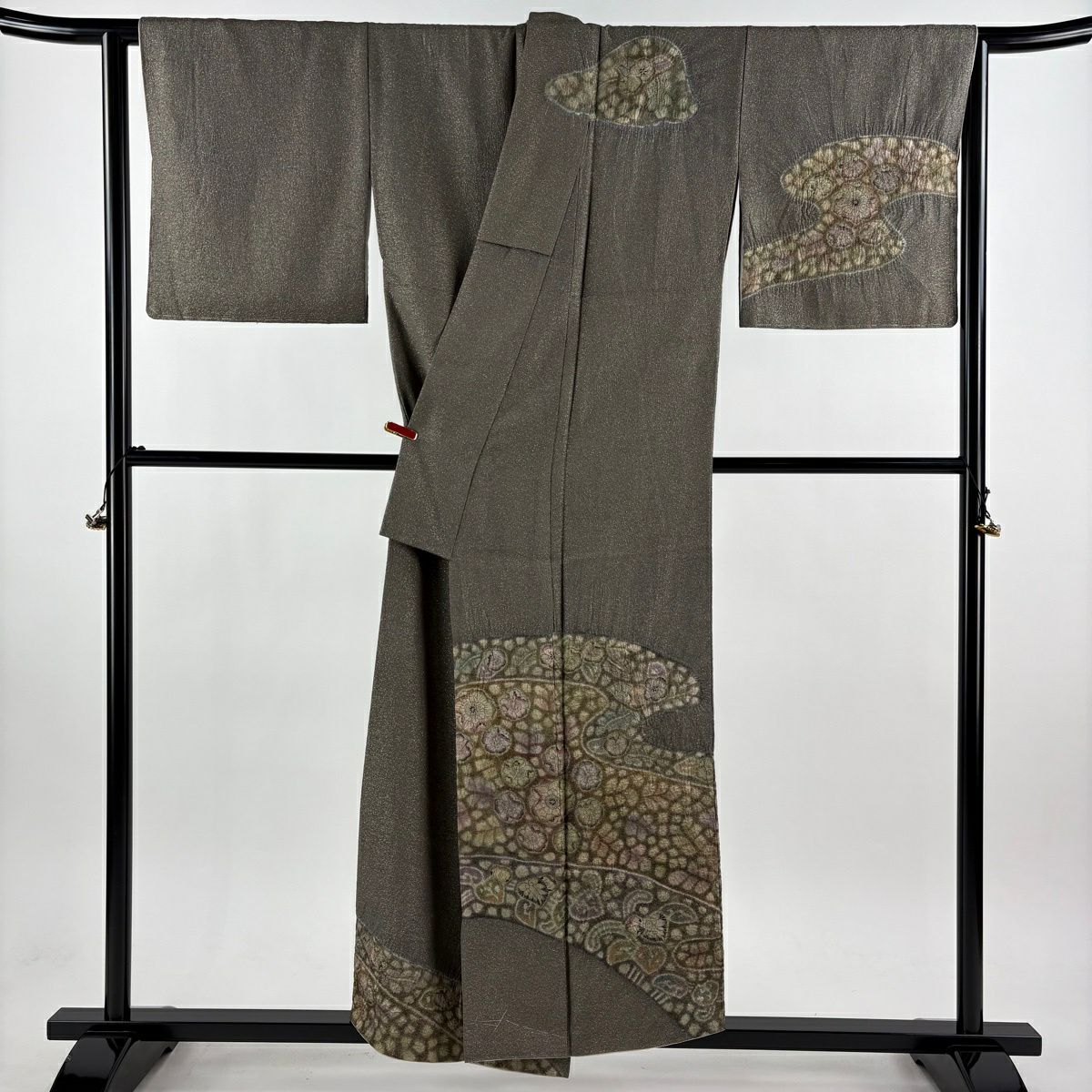 【美品】訪問服 身長154cm 袖長65.5cm M 雙層 樋熊哲也 落款あり 辻花染 流水 金通 灰綠 純蠶絲 逸品級