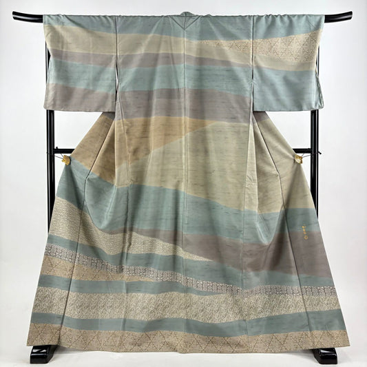 【美品】訪問服 身長169.5cm 袖長69.5cm L 雙層 牛首紬織織地 落款あり 縞 幾何學圖案 灰綠 純蠶絲 逸品級
