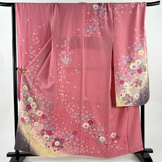 振袖禮服 身長159cm 袖長70cm L 雙層櫻花球銀通金金箔粉紅純蠶絲逸品級