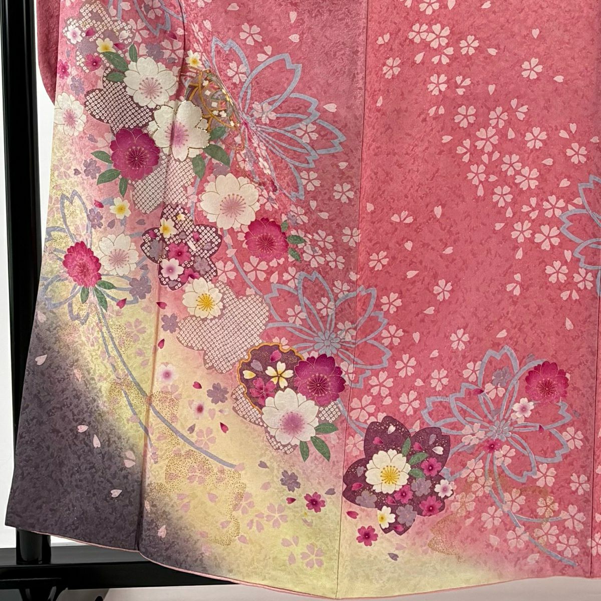 振袖禮服 身長159cm 袖長70cm L 雙層櫻花球銀通金金箔粉紅純蠶絲逸品級