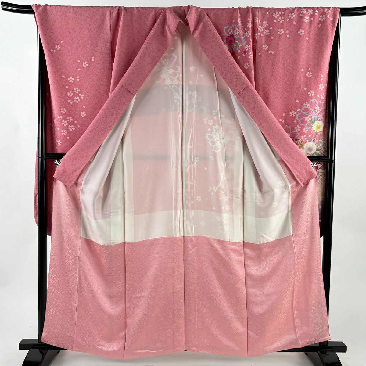 振袖禮服 身長159cm 袖長70cm L 雙層櫻花球銀通金金箔粉紅純蠶絲逸品級